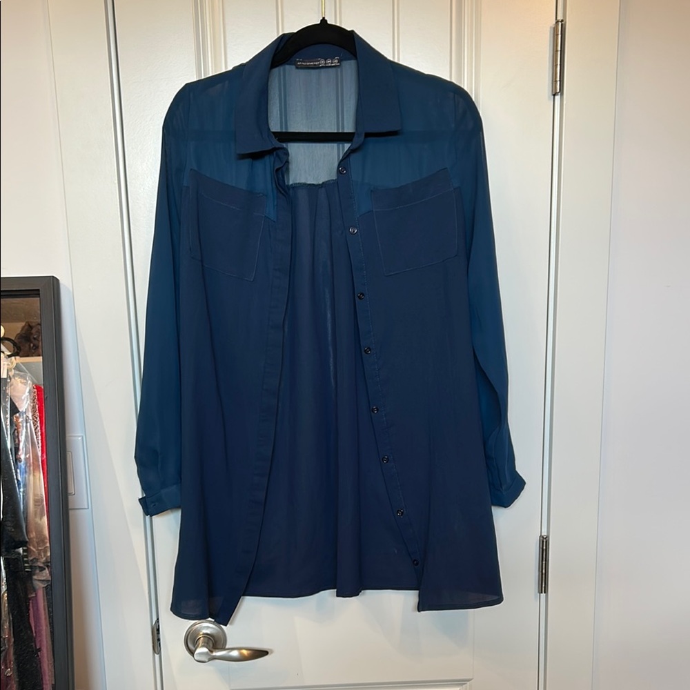 Atmosphere Blue Notched Collar Button Down Shirt